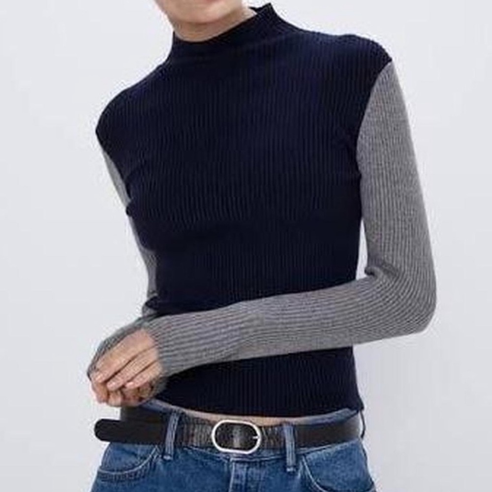 Zara fitted mock neck color lock sweater. Navy/gray